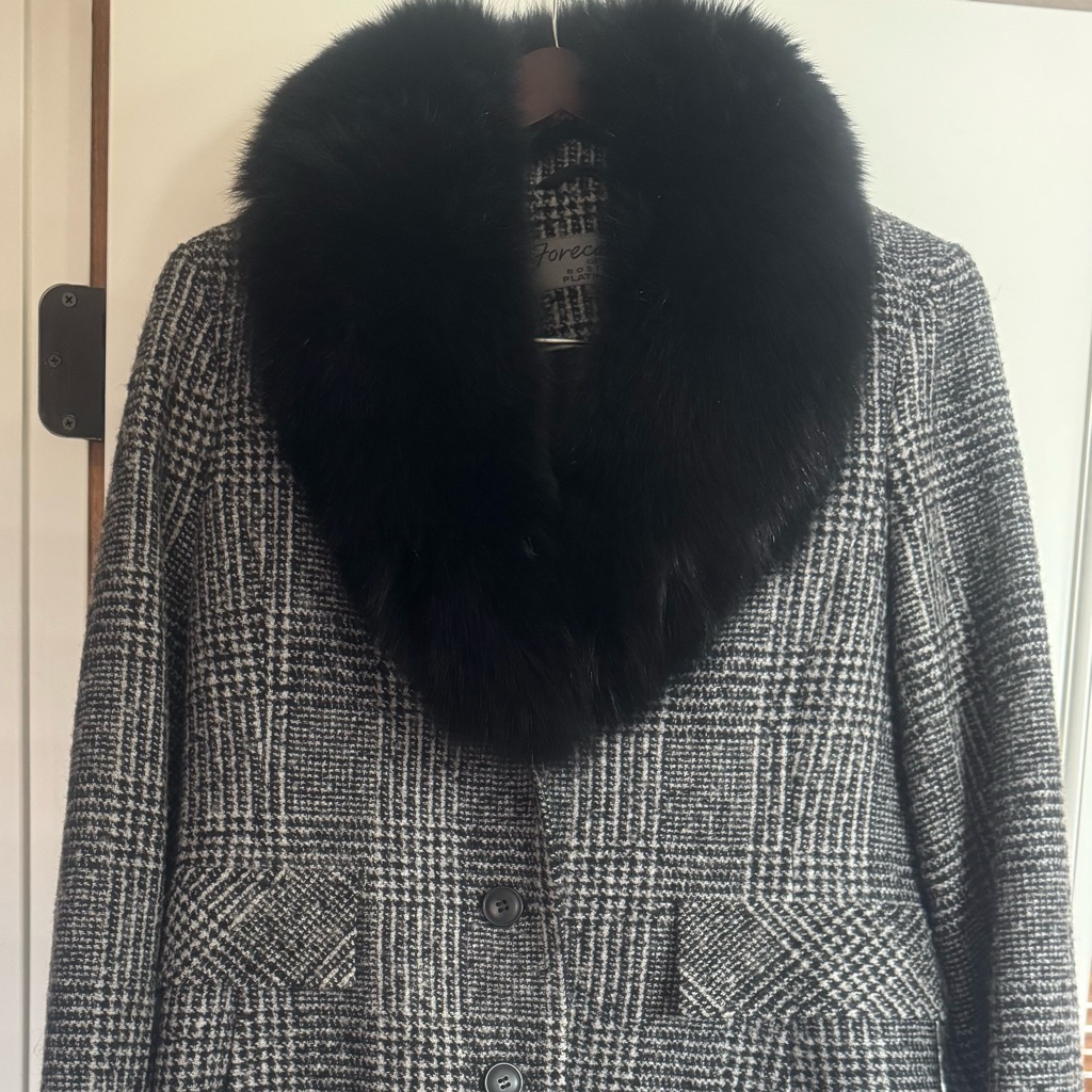 Black & Gray Plaid Wool Pea Coat With Plush Black Fur Collar